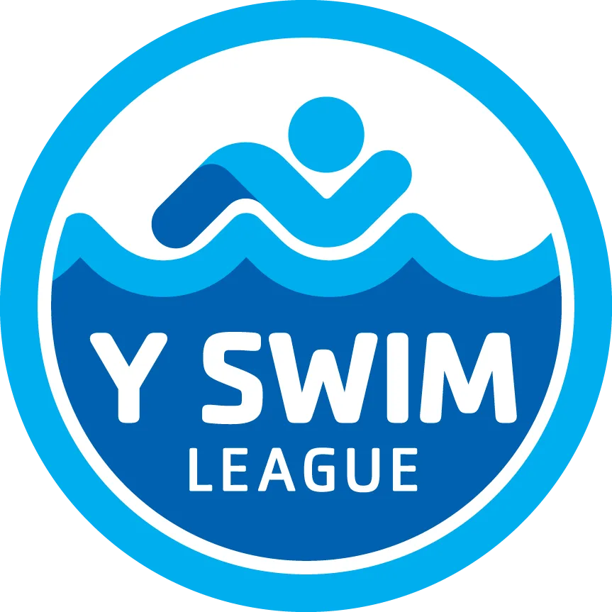 Tampa Y blue Y Swim League logo with icon of swimmer in a circle. The name Y Swim League in white writing is on dark blue water background.