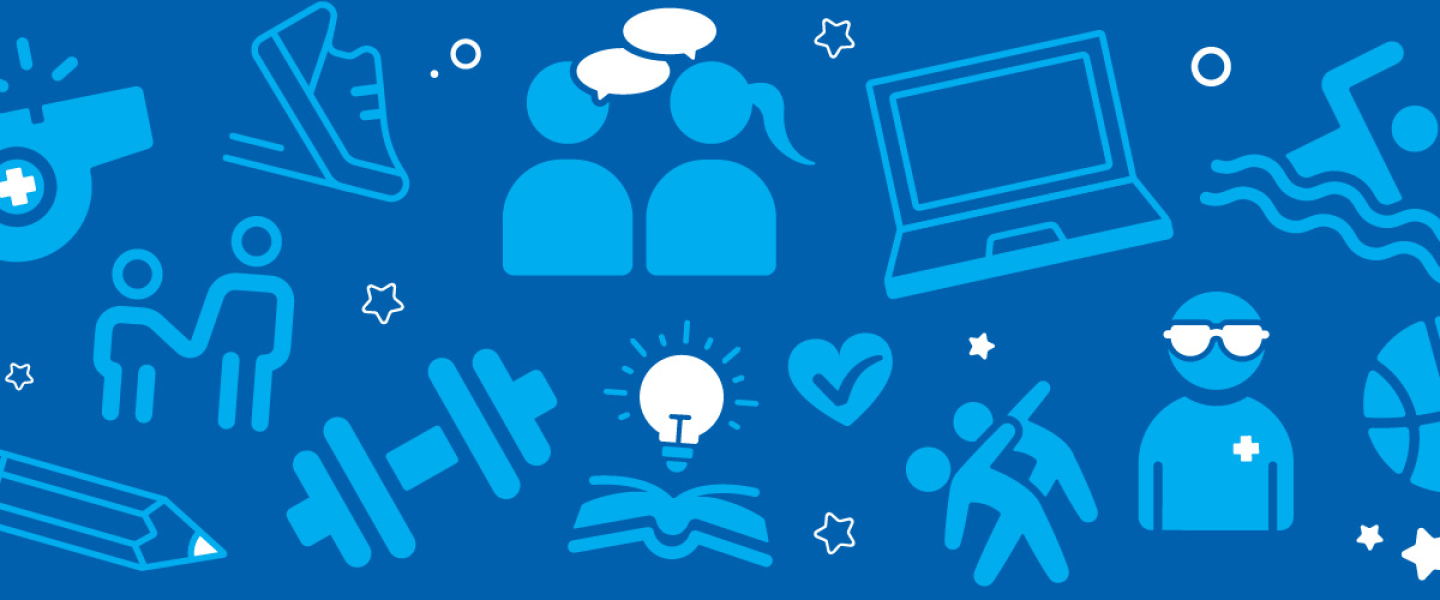 Graphic. Dark blue background with white and light blue icons representing jobs and activities at the Y.