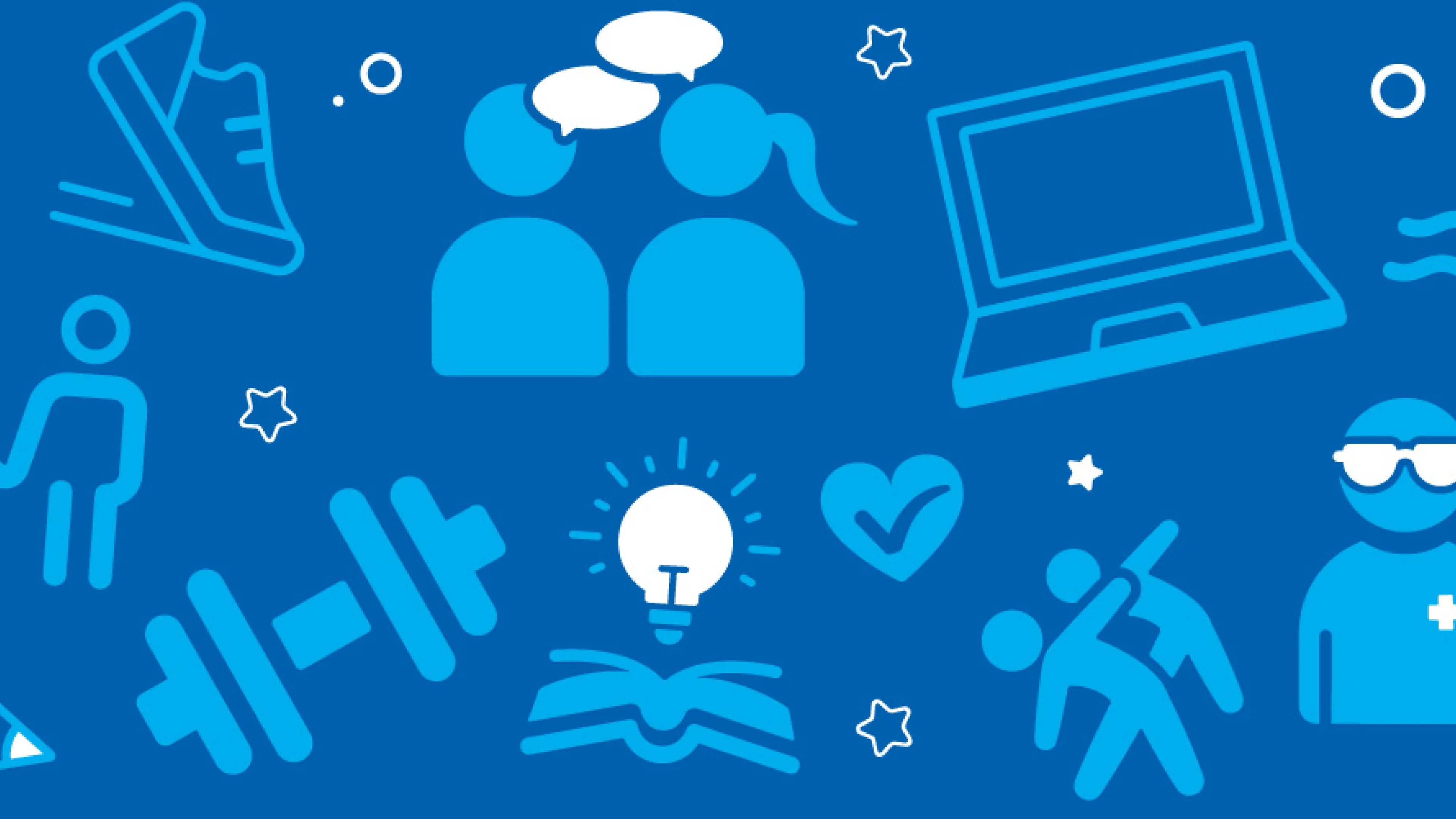 Graphic. Dark blue background with white and light blue icons representing jobs and activities at the Y.