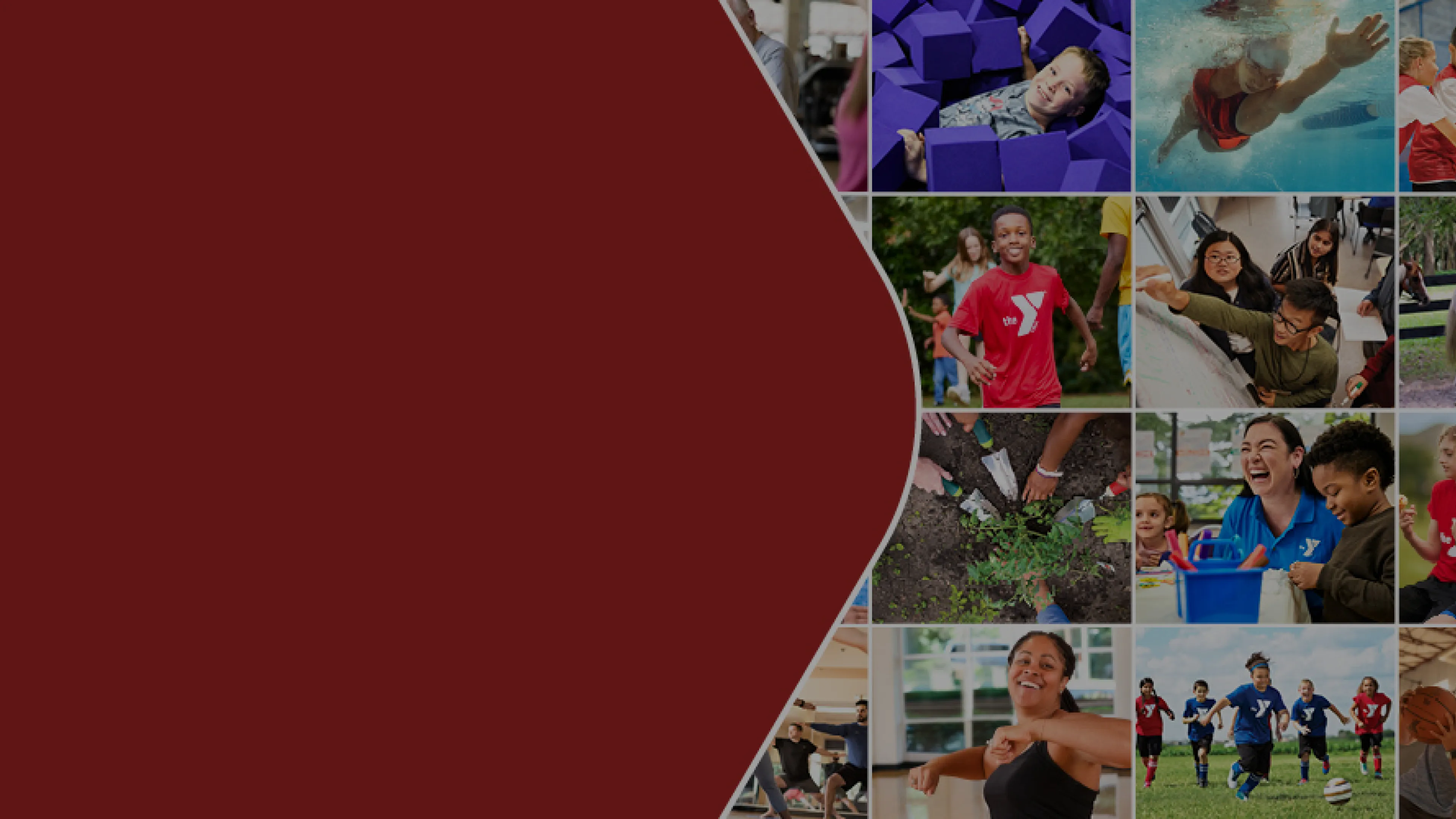 Dark red chevron on the left half with 18 square photo collage on the right half of a horizontal rectangle graphic.