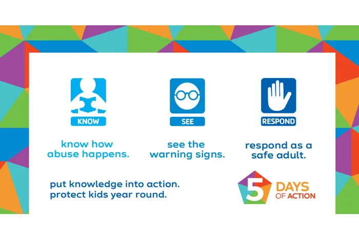5 Days of Action for child abuse prevention awareness campaign. Colorful border, interior white background with three shades of blue for icons illustrating "know how it happens" "see the warning signs" "respond as a safe adult"