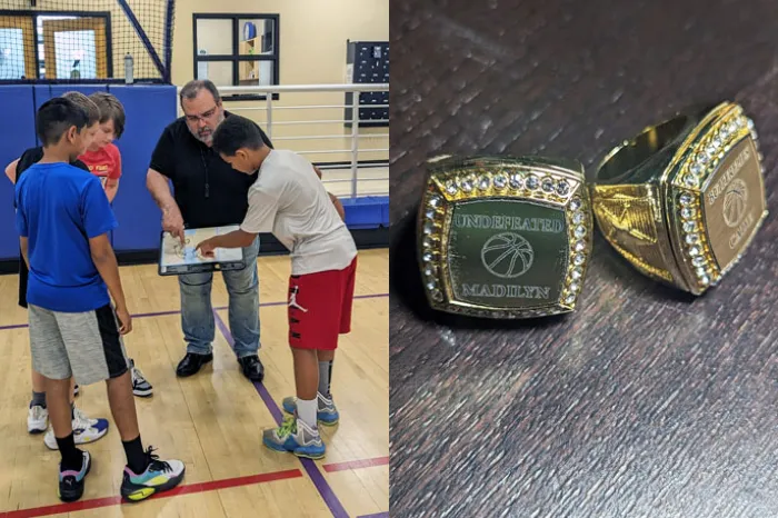 Side by side image. Left: Coach Gene and four basketball players reviewing plays on New Tampa YMCA basketball court. Right: two large, engraved gold rings Coach Gene gives the basketball players.
