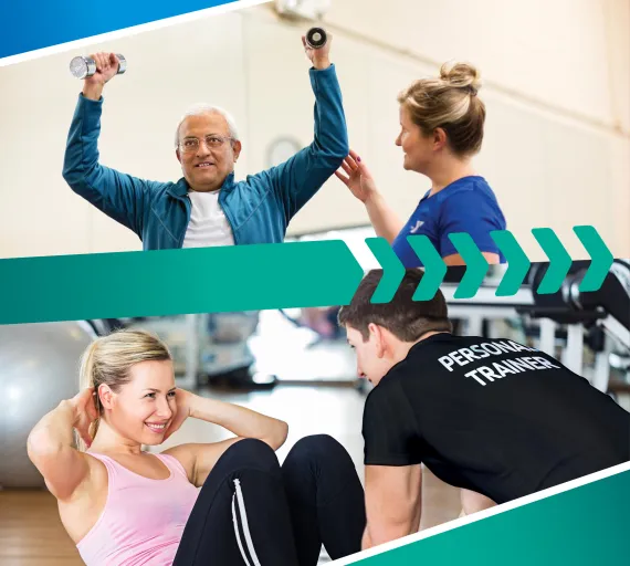 senior man lifting dumbbells above head with personal trainer arrow graphic and woman doing a sit up with a personal trainer