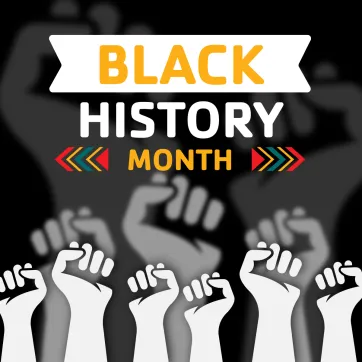 Black History Month graphic. Black background with white graphic fists rising from the bottom. Text in white read Black History and Month is yellow, with yellow, green and read arrows.