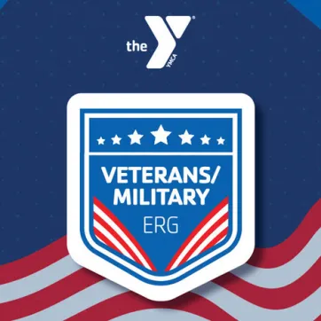 Red white and blue graphic with white Y logo above Veterans/Military ERG logo.