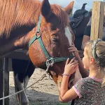 Homeschool program participant enjoys petting one of our Camp Cristina horses.